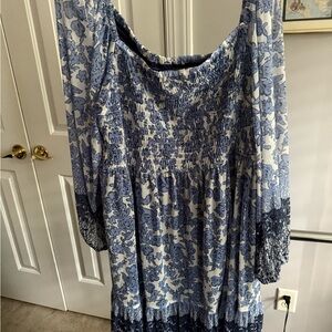 Taylor Brand Plus Size Blue and White Smocked Chiffon flattering Floral Dress